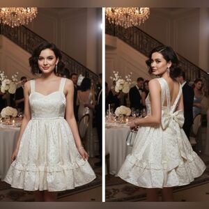 Amable By Mable White Cream Dress Size Medium M Silky Lined Mini Open Back Bow